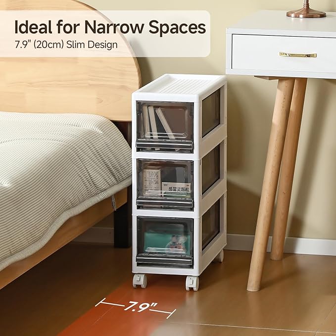 Plastic 3 Drawer Storage Organizer, Narrow Plastic Storage Drawers with Wheels, Storage Cart with Drawers for Small and Narrow Space, 7.87-inch Wide (white)