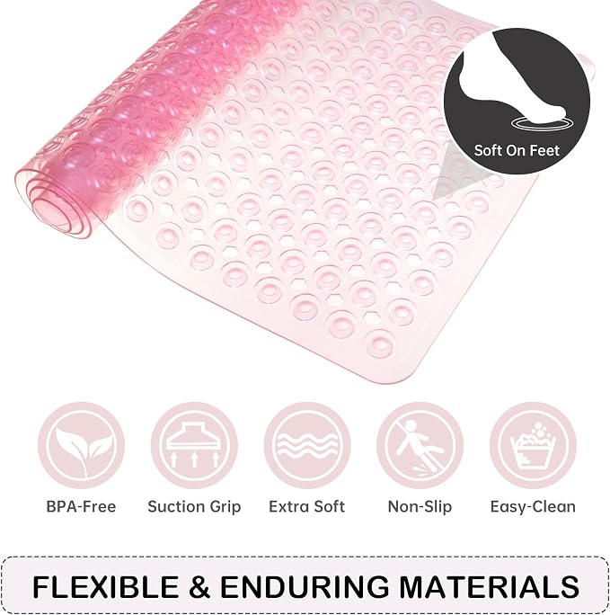Non-Slip Bathtub and Shower Mats, Power Grip Bath Mat 35 x 16.3 Inch with Suction Cups and Drain Holes for Tub Bathroom Floor Safety, Machine Washable Soft Bathmat, Clear Pink