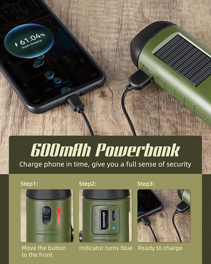 SEANCHEER Hand Crank Solar Powered Flashlights,Compact Emergency USB Rechargeable LED Flashlight Handheld Survival Flashlight,Quick Snap Carbiner Dynamo Flashlight for Outdoor,Sports,Hiking-Green