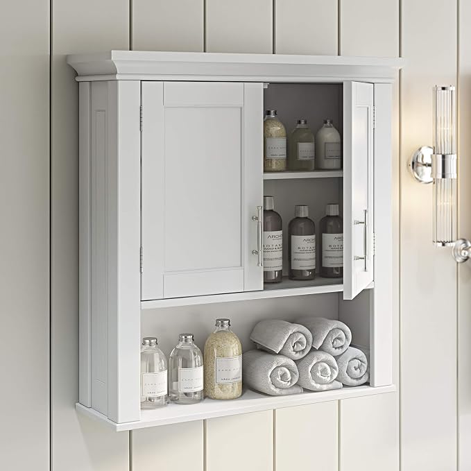 RiverRidge Somerset Two-Door Bathroom and Laundry Wall Mount Storage Medicine Cabinet with Open and Adjustable Shelf - White | Two-Door