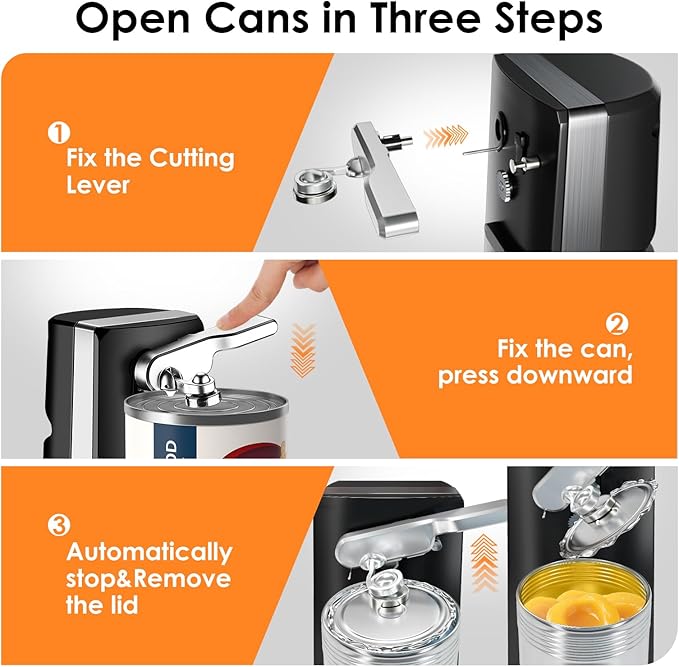Davivy Electric Can Opener - One-Touch Hands-Free Operation,Removable Stainless Steel Cutter, 3-in-1 Design with Knife Sharpener&Bottle Opener(Black)