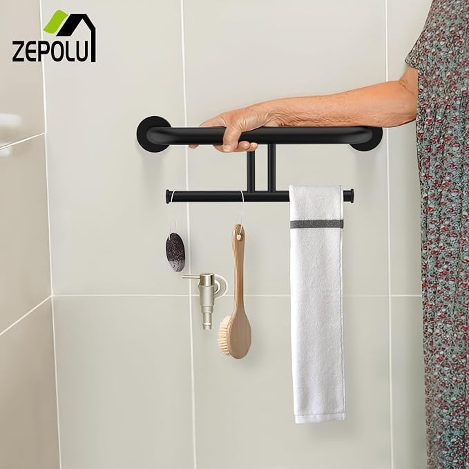 Black Handicap Grab Bar w/Toilet Paper Roll Holder, Zepolu 2-in-1 Safety Assist Bar Balanced Support Handle 17 Inch, Stainless Steel Wall Mounted Bathroom Toilet Grab Bar for Senior Elderly Disabled