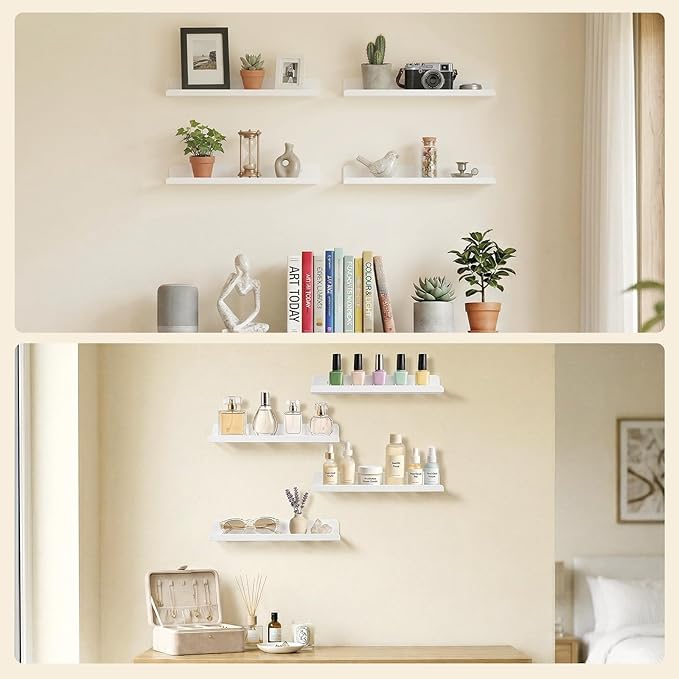 Lifewit Floating Shelves for Bathroom, Acrylic Display Shelf Wall Mounted for Makeup, Skincare, Nail Polish, Book, 14" Perfume Organizer for Bedroom, Living Room, Nursery, Home Decor, White, 4 Pack