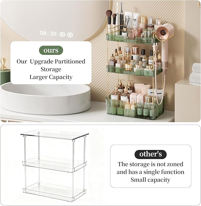Bathroom Counter Organizer for Vanity, Makeup Organizer Countertop with Holder, Large Capacity Storage Rack, Perfect Large Skincare, Hair Care, Perfume, Easy to Install (Green, 3Tiers)