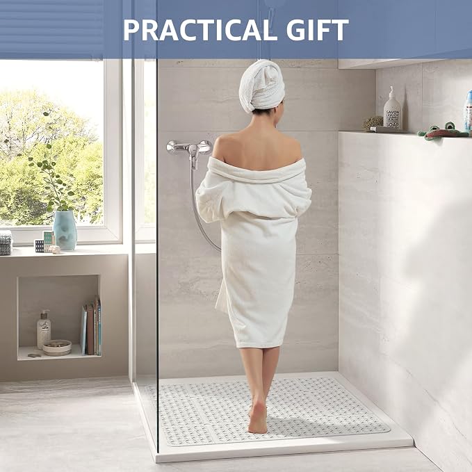 OTHWAY Square Shower Mat, 27"x 27" Extra Large for Inside Shower, TPE Non-Slip Mat With Suction Cups, Drain Holes, Machine Washable Floor Mat (White)