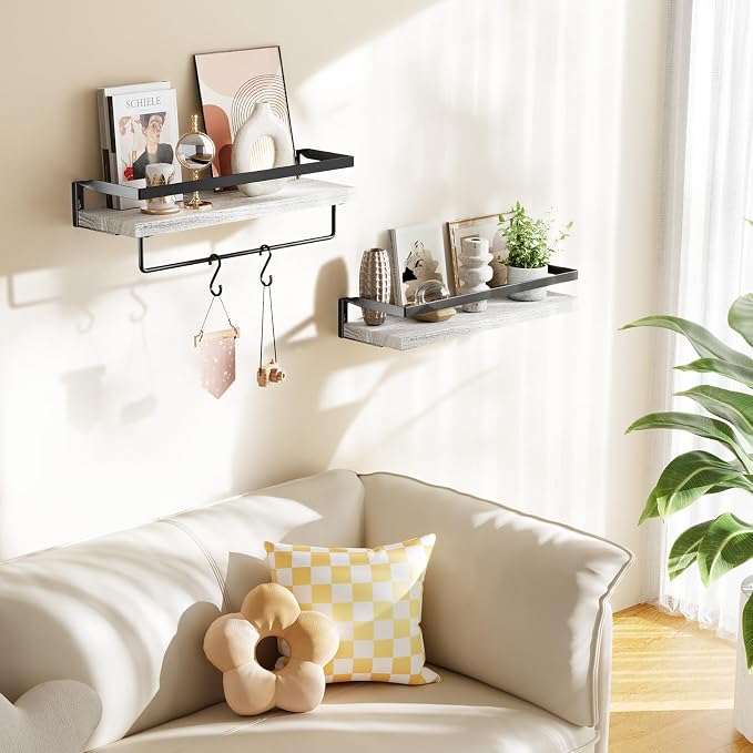 AMADA HOMEFURNISHING Bathroom Shelves with Towel Bar, Floating Shelves, Wall Shelves for Bathroom/Living Room/Kitchen/Bedroom, White, Set of 2 - AMFS01W