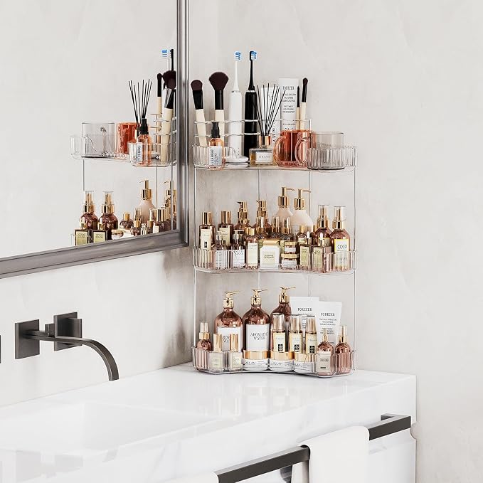 Asayuee 3-Tier Corner Bathroom Counter Organizer with Top Toothbrush Holders,Large Makeup Organizer Countertop with Brush Holder,Skincare Organizers Corner,Exquisite Vanity Organizer (Clear, 3 Tier)