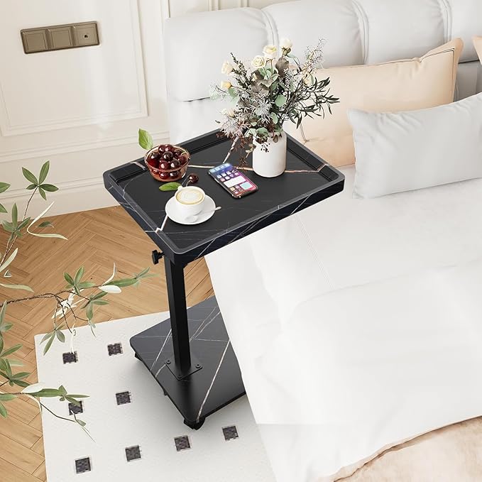 C Table End Table Adjustable Height, 360°Swivel TV Tray Table for Small Spaces, Couch Tables That slide under, C Shaped Side Tables living room and bedroom for Sofa, Bed,Chair, Snack (1, Black)