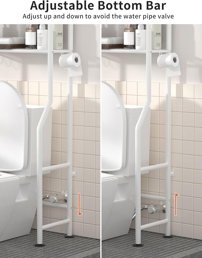 Livilord 3-Tier Over The Toilet Storage, Freestanding Metal Bathroom Shelves with 4 Hooks, Over Toilet Storage Shelf with Paper Holder, Above The Toilet Shelf for Bathroom Storage, White