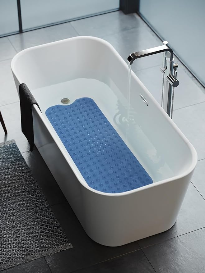 Bathtub and Shower Mats, Extra Long Non-Slip Bath Tub Mat 39 x 16 Inch, Machine Washable Bathmat with Suction Cups & Drain Holes for Bathroom Floor, Clear Royal Blue