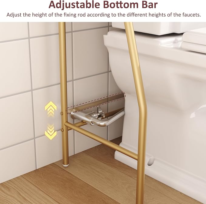 HOME BI Over The Toilet Storage Shelf, 3-Tier Over Toilet Bathroom Organizer Rack, Freestanding Space Saver Toilet Stands with Hooks (Gold)