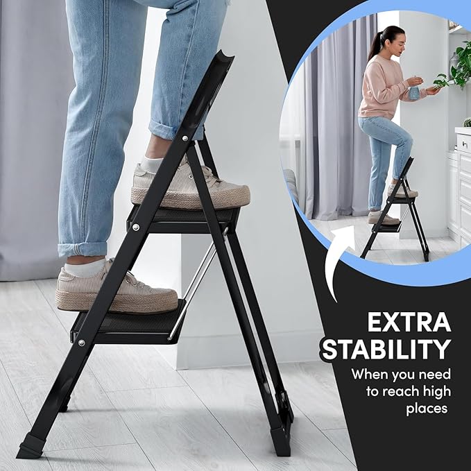 2-Step Ladder with Wide Anti-Slip Platform & Thick Rubber Feet | Heavy Duty Foldable & Portable | 330 lbs Capacity, Steel Frame, Rubber Handgrip, Folding Step Stool