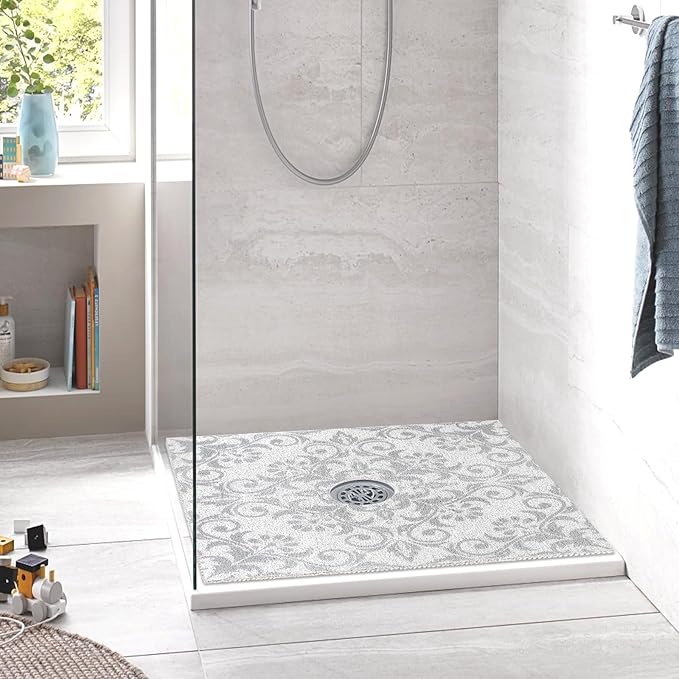 Square Shower Mat Non Slip: 27 x 27 Inch Large Shower Mats with Drain Hole in Middle - PVC Loofah Anti Slip Shower Floor Matt for Inside Shower