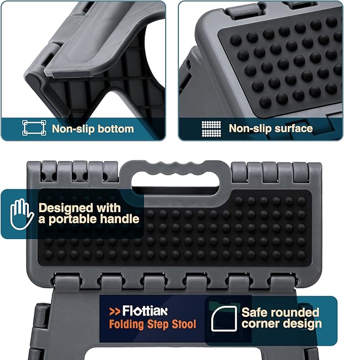 Flottian 9" Folding Step Stool for Adults and Kids Holds Up to 300 lbs,Non-Slip Folding Stools with Portable Handle, Compact Plastic Foldable Step Stool for Bathroom,Bedroom, Kitchen Gray