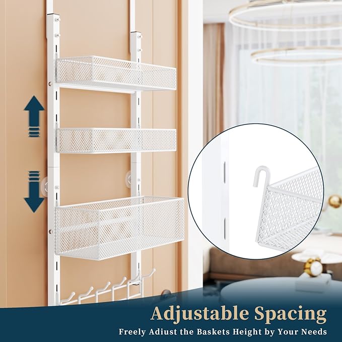 Consumest Over The Door Hooks Organizer - 4 Tier Door Coat Rack with 3 Baskets & 12 Hooks, Stainless Steel Towel Hanger for Bedroom, Bathroom, Living Room, White