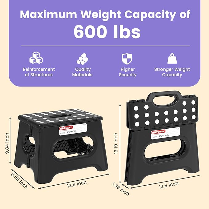 HBTower Folding Step Stool 9 Inch - Holds 600 lb, Non-Slip Surface & Carry Handle - Sturdy Step Stool for Kids, Toddlers & Adults - Compact Foldable Foot Stool for Kitchen, Bathroom, Bedroom, Outdoor