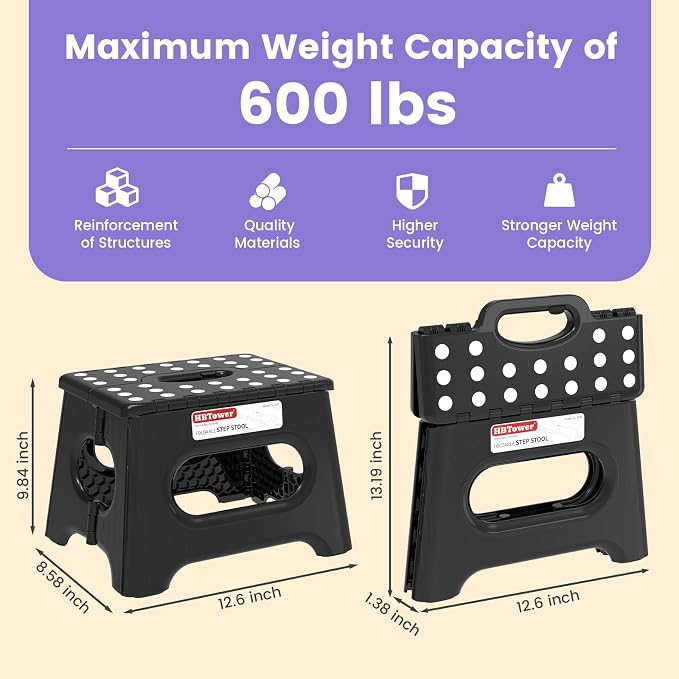 HBTower Folding Step Stool 9 Inch - Holds 600 lb, Non-Slip Surface & Carry Handle - Sturdy Step Stool for Kids, Toddlers & Adults - Compact Foldable Foot Stool for Kitchen, Bathroom, Bedroom(2pcs)