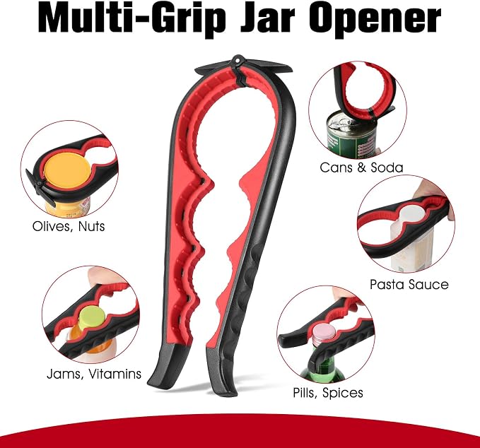 Jar Opener Bottle Opener, 5-in-1 Multi-Function Can Opener with Ergonomic Non-Slip Handle, Kitchen Tool Set for Weak Hands, Seniors with Arthritis, Red