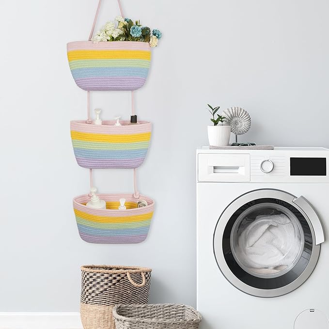 TeoKJ Over the Door Hanging Basket, 3-Tier Woven Cotton Wall-Mounted Storage Organizer Bag Decorative Hanging Nursery Baskets, Rainbow