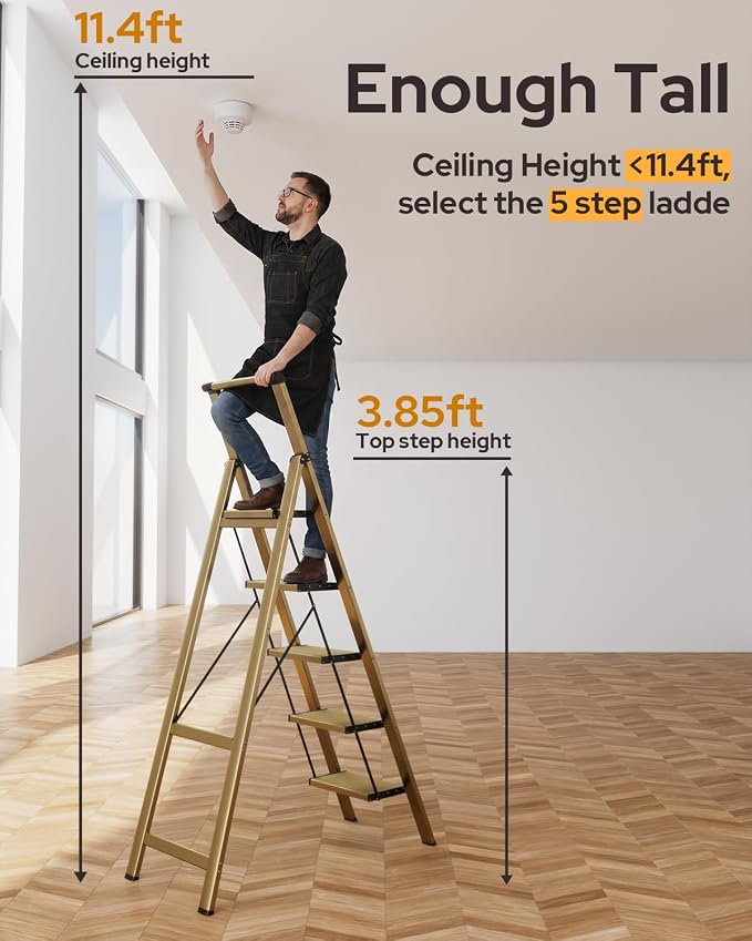5 Step Ladder for 10 Feet High Ceiling, Lightweight Aluminum Folding Step Stool with Convenient Handgrip, Stepladders with Anti-Slip and Wide Pedal for Home Use Space Saving - Gold