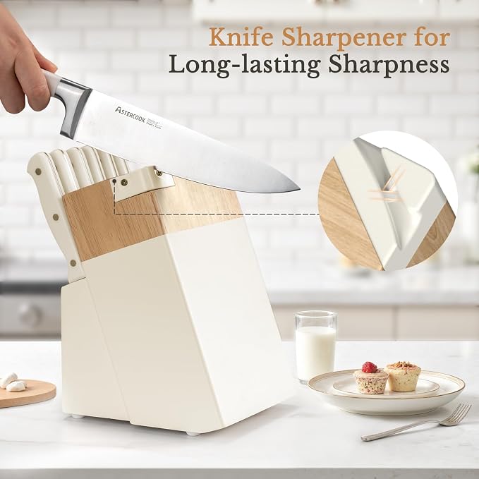Knife Set,Astercook Kitchen Knife Set with Block 14-Piece Full Tang Stainless Steel Knives with Sharpener Dishwasher Safe and Anti-Slip Ergonomic Handle Utensils Set