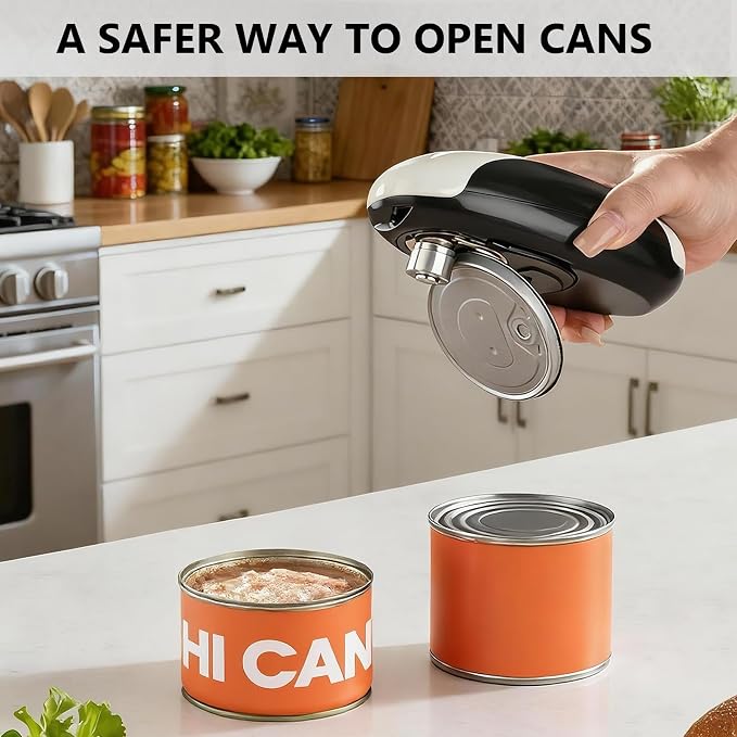 Electric Can Opener for Seniors & Arthritis - Rechargeable Automatic with One-Touch Open and Smooth Edge Cutting, Lid Remover, Food-Safe Stainless Steel Blade Easy to Use Hands-Free, Black