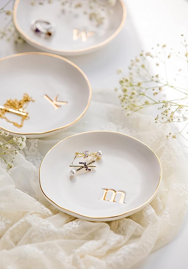 COLLECTIVE HOME - Ceramic Jewelry Tray, Decorative Trinket Dish for Rings Earrings Necklaces Bracelet Watch Keys, Birthday Mother's Day Christmas Gift for Women, 4.75", White Surface (C)