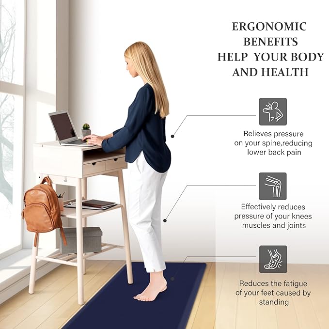HappyTrends 2 PCS Kitchen Mat Cushioned Anti-Fatigue Floor Mat, Heavy Duty Ergonomic Comfort Foam Standing Mat, Waterproof Non-Slip Kitchen Rugs for Home, Office(17.3"x39"+17.3"x39",Navy)