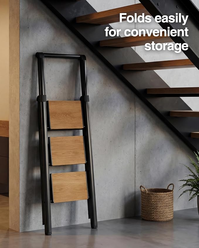 3 Step Ladder,Folding Step Stool with Aluminum Wide Pedal& Convenient Handgrip,330lbs Capacity Steel Ladder for Household and Office(Black &Woodgrain)