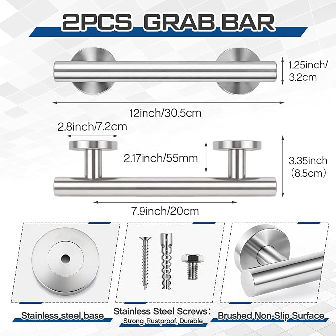 Zonon 2 Pack Shower Grab Bars, 12 Inch Heavy Duty Stainless Steel Bathroom Safety Grab Bar with 1.25" Diameter, Wall Mounted Anti-Slip Safety Handle for Seniors Elderly Handicap, Bathtub Toilet Step