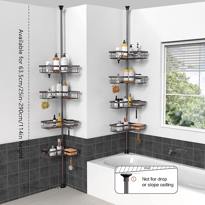 KEGII 4-Tier Corner Shower Caddy Tension Pole - Waterproof Shower Rod Organizer, Floor to Ceiling Tension Rod 25-114.2 inch, Stainless Steel Corner Shower Shelf, Bronze