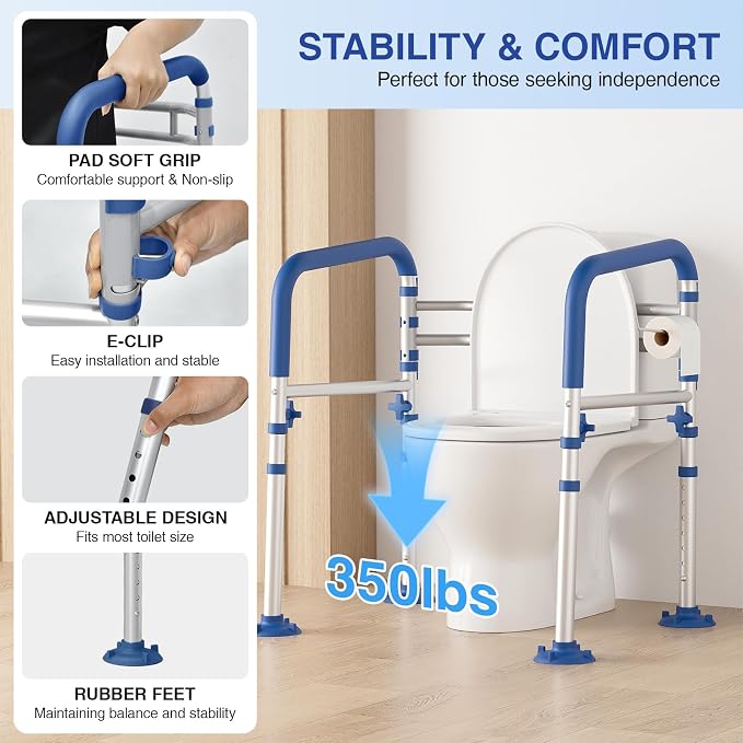 Loyoda Foldable Toilet Safety Rails for Seniors, Height & Width Adjustable | Safety Frame & Toilet Handles for Elderly & Disabled, Fits Most Toilets, 350lb Capacity, Blue