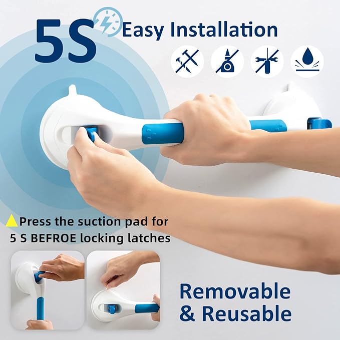 TAILI Shower Grab Bar Suction Grab Bars for Bathtubs and Showers, Heavy Duty Bath Handle Removable Bath Handrails for Seniors and Elderly, Bathroom Safety Grip No Drilling Waterproof,Blue (Pack of 2)