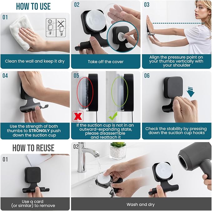 TAILI Powerful Suction Cup Razor Holder 2 Pack, Stylish 304 Stainless Steel Bathroom Suction Hooks for Towel, Loofah, Bathrobe, Shaver Holder for Shower Wall, Easy to Install and Reuse, Black