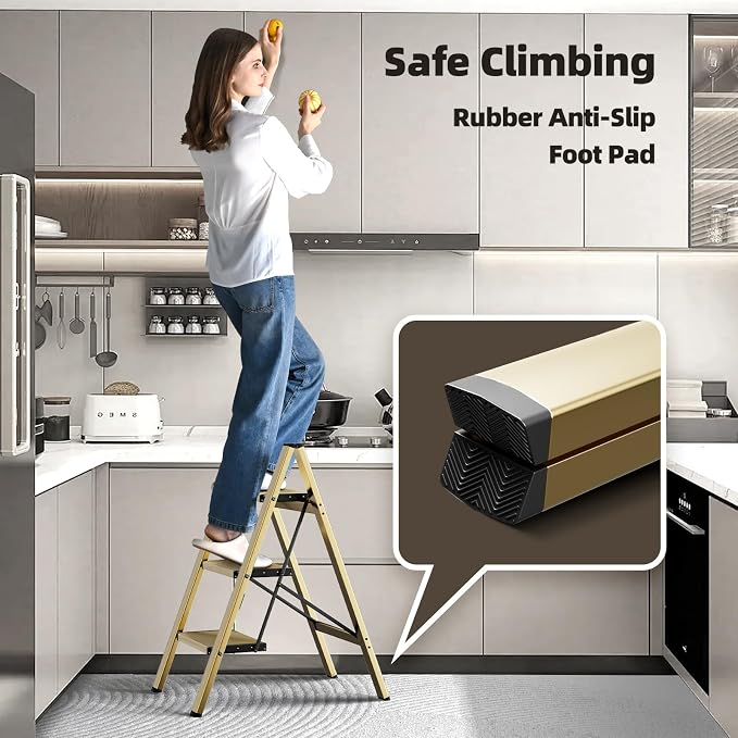 HillhutApex 3 Step Ladder, Lightweight Portable 3 Step Stool with Anti-Slip Wide Pedal,330lbs Capacity Aluminum Ladder for Household,Office,Library(Gold)