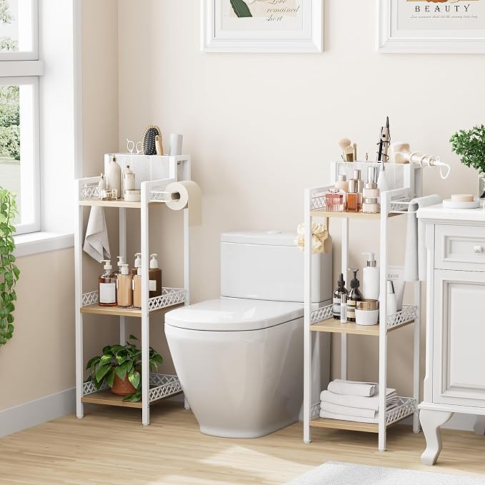 Slim Bathroom Storage Shelf Unit, 3 Tier Corner Storage, Rustic Makeup Organizer, Space-Saving Floor Standing Storage Shelves for Bathroom, Vanity,Kitchen, Laundry 9.85in Matte White
