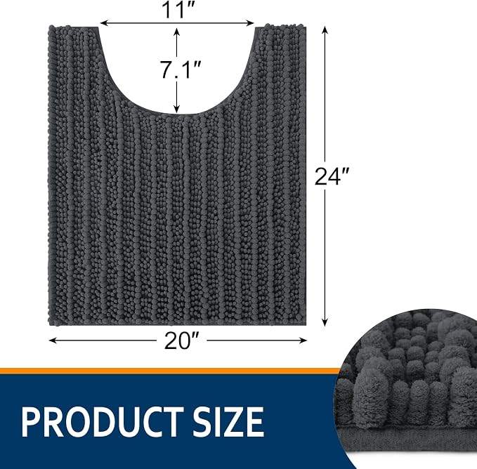 Smiry Bathroom Toilet Rugs U Shaped 24x20, Extra Soft Absorbent Non Slip Rubber Backing Chenille Contour Bath Rugs for Toilet, Machine Washable Contoured Bath Mats, Dark Grey