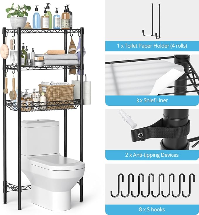 Hodonas Over The Toilet Storage Shelf, Adjustable Bathroom Organizer with Toilet Paper Holder & 8 Hooks, 3 Tier Sturdy Metal Space Saver for Bathroom/Kitchen, Easy Assembly Above Toilet Shelf, Black