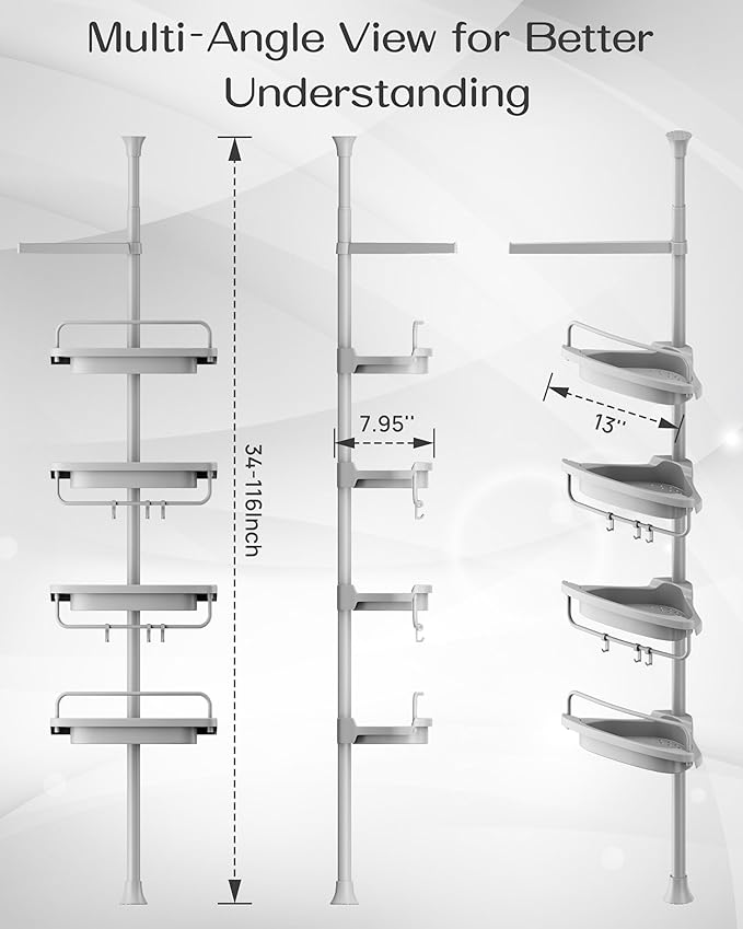 ALLZONE Corner Shower Caddy Tension Pole, Extendable Rustproof Stainless Steel Pole & 4-Tier Adjustable Shelves for Easy Drainage and Built-to-Last Stability, 34 to 116 Inches, Grey