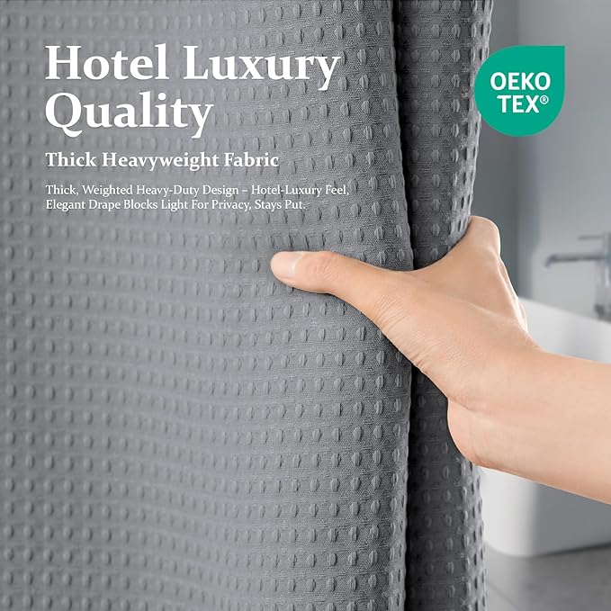 Dynamene Grey Fabric Shower Curtain for Bathroom - Waffle Weave Textured Heavy Duty , 256GSM Hotel Luxury Weighted Cloth Bath Curtain Set with 12 Plastic Hooks,72x72, Grey/Gray