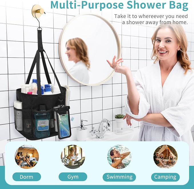 Shower Caddy Portable, Mesh Shower Caddy Hanging with Waterproof Phone Pouch Black, Large Capacity Shower Bag for College Dorm Room Essentials, Quick Dry Shower Basket for Gym, Camping, Swimming