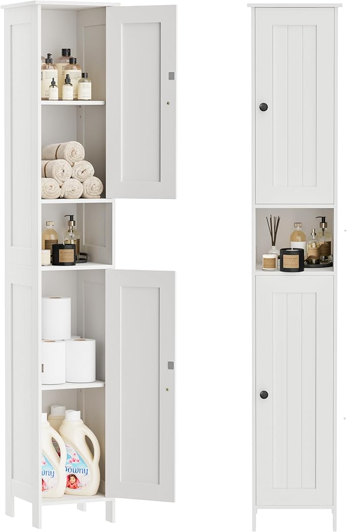 Homleke Tall Bathroom Storage Cabinet with 2 Doors, 67"H Narrow Storage Cabinet with Adjustable Shelves& Anti-Tip Design, Reversible Door Installation, Easy Assembly, 11.8 x 11.8 x 66.9 Inches, White