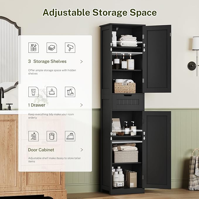 TEENFON 67" H Tall Storage Cabinet with 2 Doors and 1 Drawer, Narrow Black Cabinet with Adjustable Shelves, for Bathroom, Living Room, Entryway, Kitchen, Black