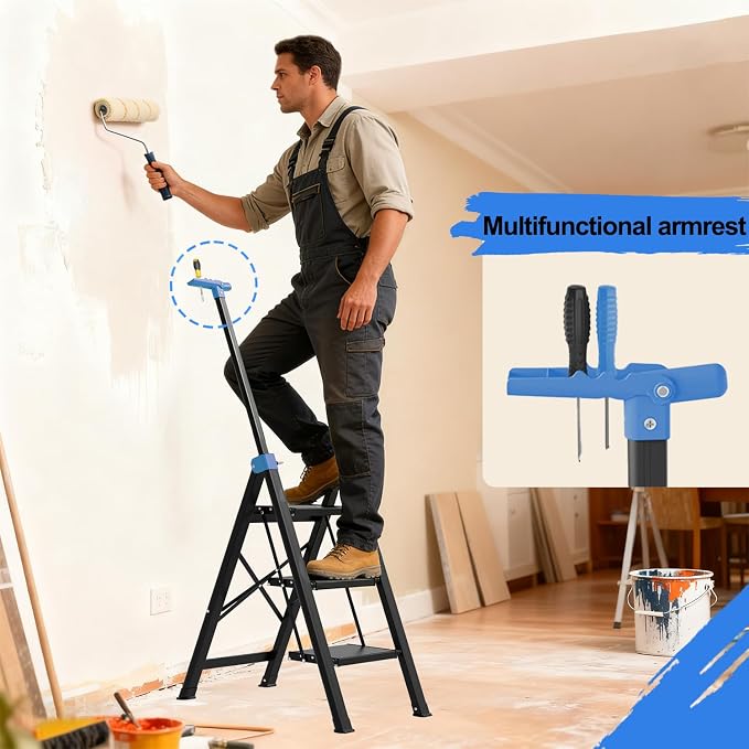 3 Step Ladder,Step Stool Foldable with Single-Handrail,Step Ladder with Anti-Slip Pedals for Home Kitchen Closet,Aluminum Sturdy Material,600lbs Max Load Capacity (Blue)