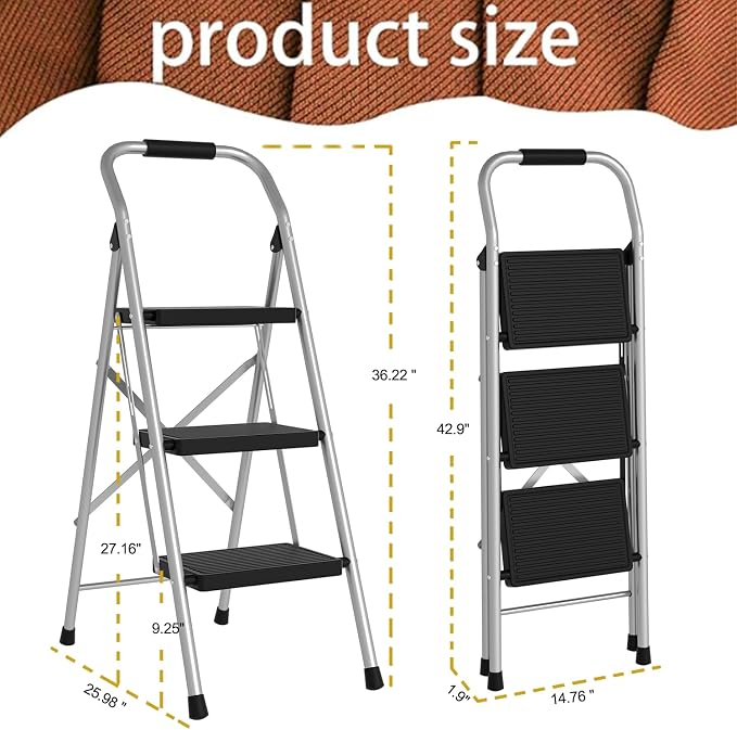 Step Stool for Adults,3 Step Ladder Folding 330lbs Anti Slip Step Stool,Foldable Ergonomic 3 Step Stool with Wide Pedal for Home, Kitchen, Office (Sliver)