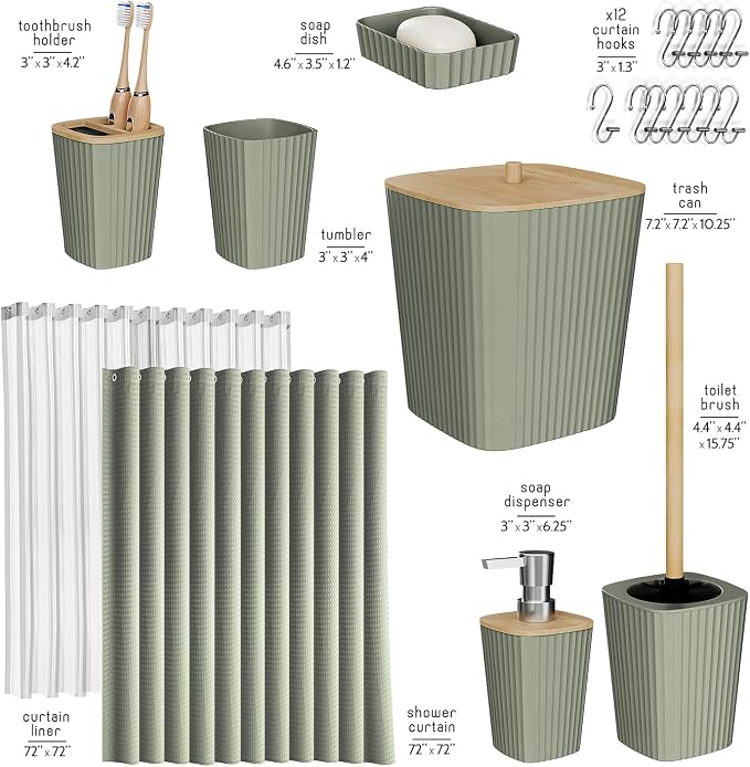 Clara Clark Bathroom Accessories Set - Bathroom Set, Bathroom Accessory Set, Shower Curtain Set, Toilet Brush, Trash Can & Soap Dispenser - Sage Green - 20PC