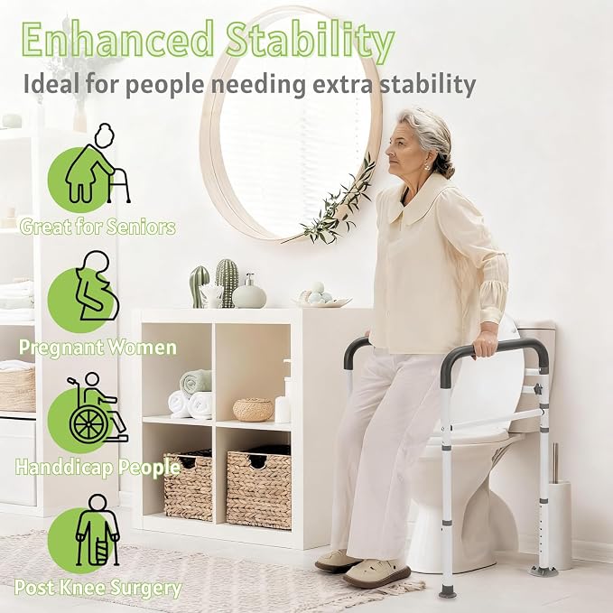 Toilet Safety Rails for Seniors - Adjustable & Foldable Medical Toilet Safety Frame - Heavy Duty Stand Alone Toilet Handles Support for Elderly Disabled & Handicap - Fits Most Toilets (380 lb)