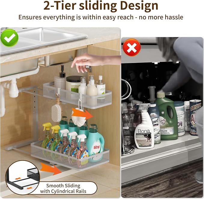 Under Sink Organizer 2 Pack, 2-Tier Slide Out Cabinet Organizer with Metal Sliding Drawer and Hooks, Pull Out Storage Baskets for Kitchen Bathroom Pantry Cabinet Organization (grey)