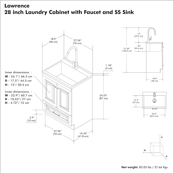SIMPLIHOME Lawrence All-in-One 28 inch Wide Utility Sink and Laundry Cabinet in Pure White Finish, Transitional Stainless Steel Sink Cabinet for Laundry Rooms with High-Arch Brushed Nickel Faucet