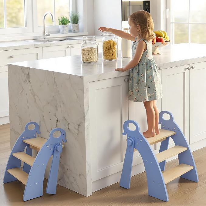 Wooden Step Stool for Toddlers, 3 Foldable Step Stool for Kids Bathroom Sink & Potty Training, Bamboo Toddler Stool with Blue Elephant Handles and Non-Slip Pads for Bedroom, Kitchen Helper